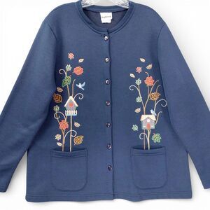 BonWorth Embroidered Birdhouse Cardigan Cottagecore Grannycore Button Up Sweater